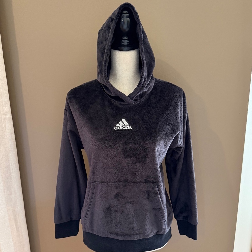 Adidas Girl's Black Velour Hoodie, Black with Silver emroidery, Size 16